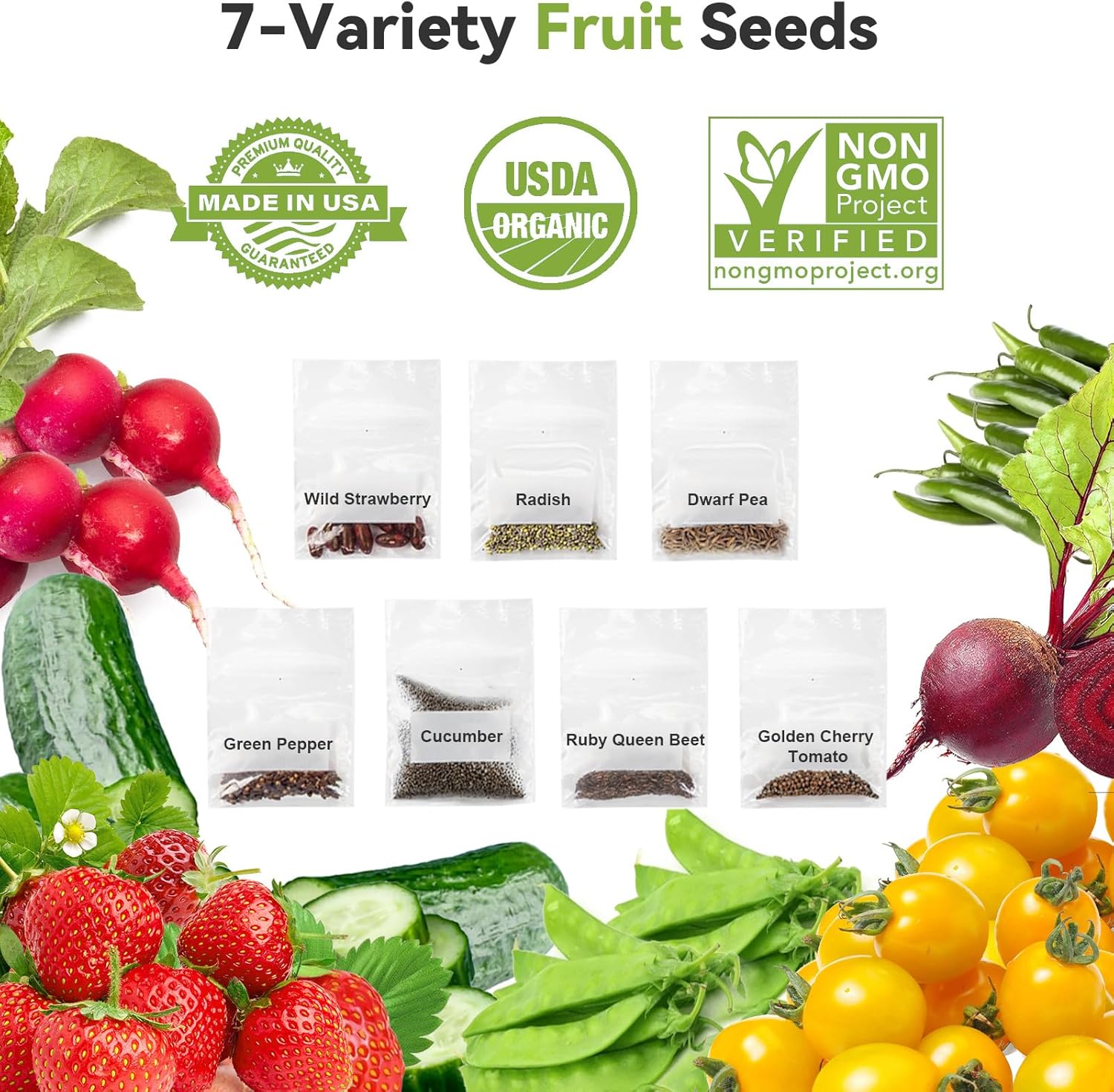 inbloom Fruit Seed Pod Kits for AeroGarden, Ahopegarden Hydroponics Garden, 12-Pods, 350+ Seeds Included Wild Strawberry, Radish, Dwarf Pea, Green Pepper, Cucumber, Ruby Queen Beet, Golden Tomato