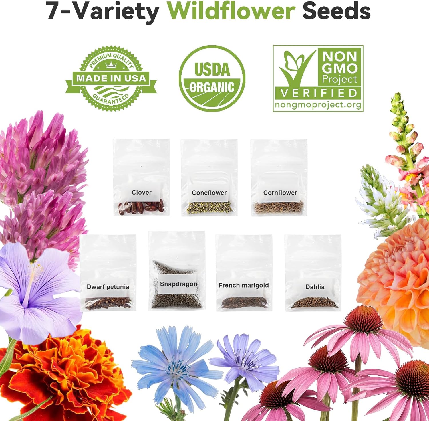 inbloom Wildflower Seed Pod Kits for Aerogarden, Ahopegarden Hydroponics Garden, 12-Pods, 350+ Seeds Included Clover, Coneflower, Cornflower, Dwarf Petunia, Snapdragon, French Marigold, and Dahlia